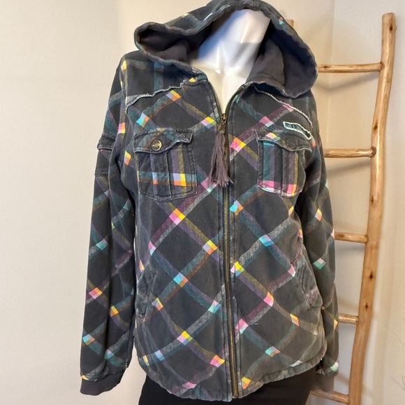 Billabong Y2K Quilted Hooded Shacket Women’s Large Black w Neon Color Pattern - Picture 2 of 9